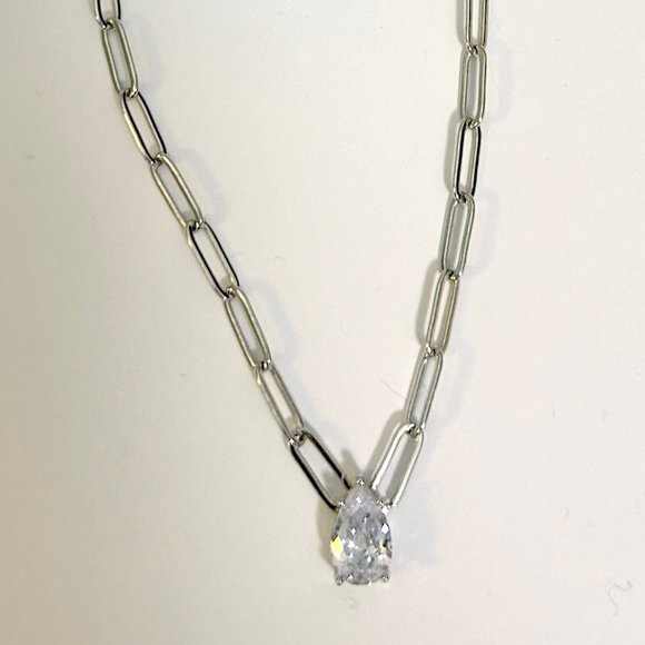 Cubic Zirconia Pear Cut Solitare Silver Necklace paper clip chain - Picture 4 of 8